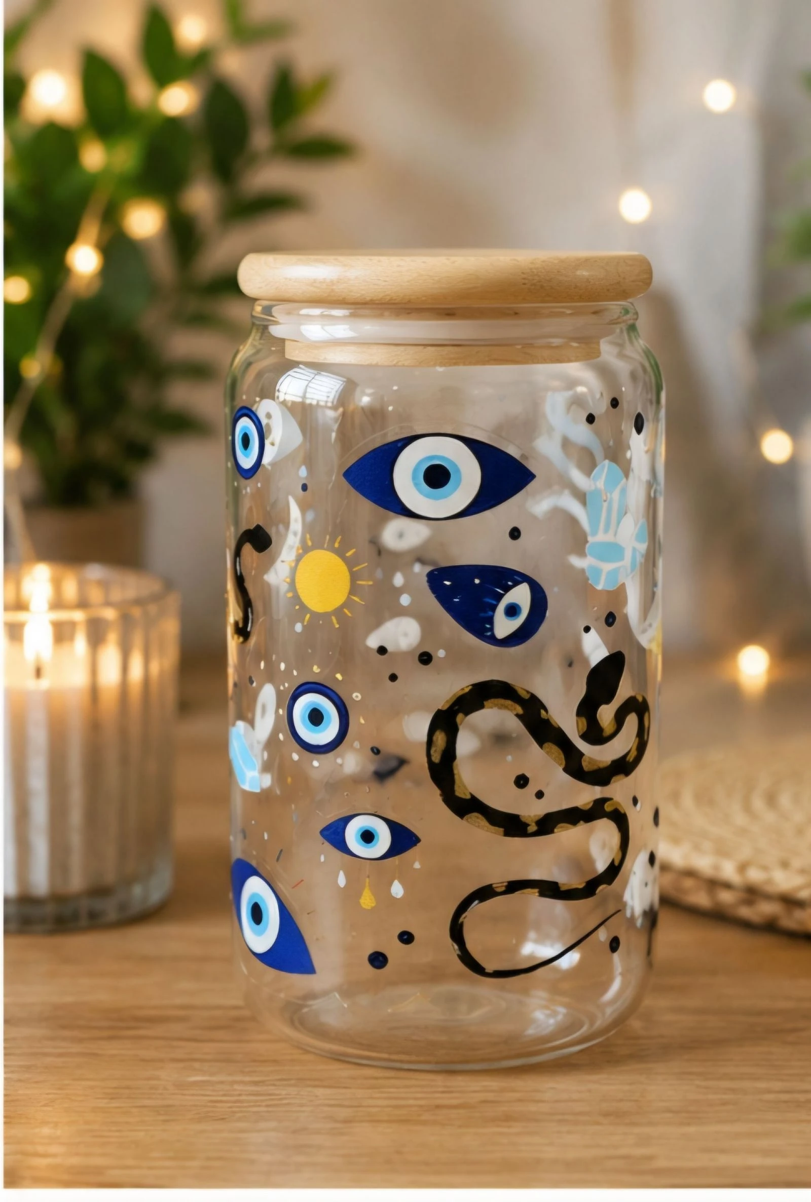 Verre canette avec paille en verre, couvercle en bambou et goupillon